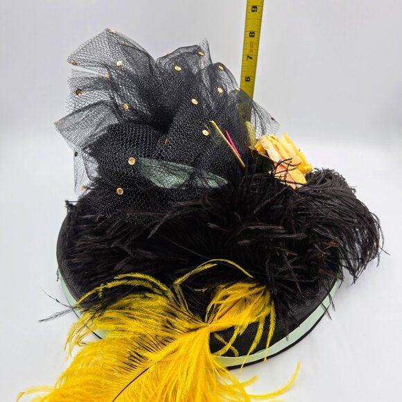 Vintage Hat With Feathers And Flowers Black Yellow Costume Halloween Fancy Read - Picture 11 of 11